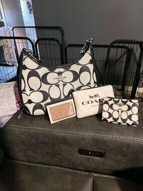 Coach white with black C teri bag, wristlet, bi-fold wallet, and id wallet